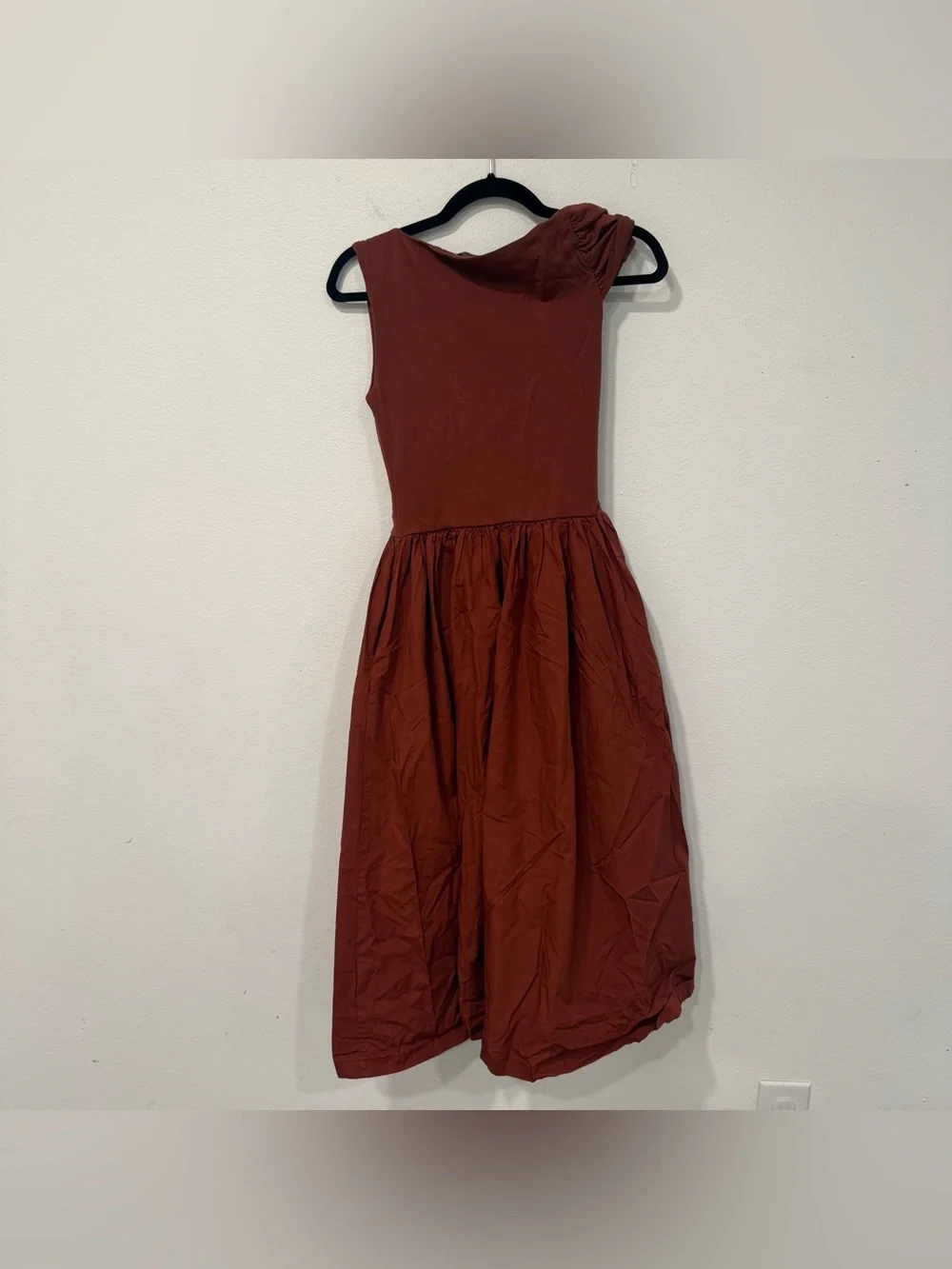 En Saison Rust Brown Mixed Media Asymmetric Neck Midi Dress XS